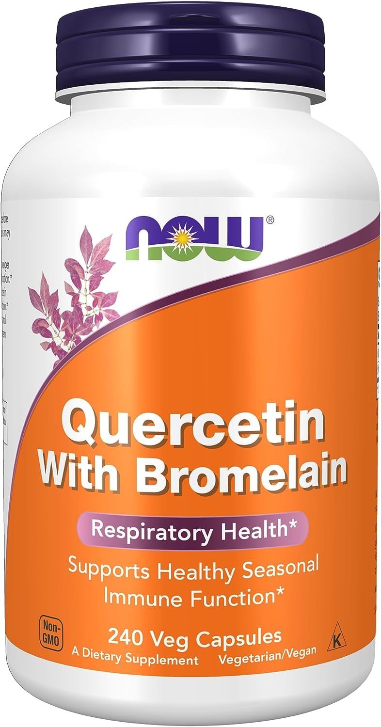 NOW Foods Quercetin with Bromelain packaging emphasizes USA-made quality and care.