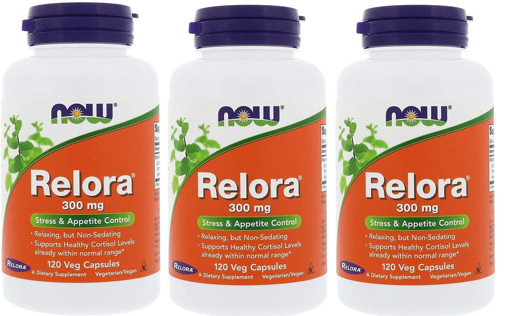 NOW Foods Relora 300 mg bottle on a desk, offering daily stress support without sedation.