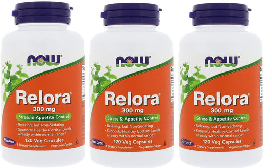 NOW Foods Relora 300 mg bottle on a desk, offering daily stress support without sedation.