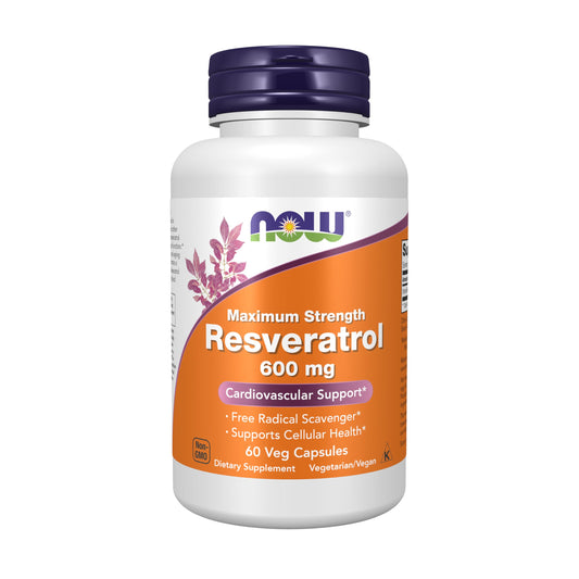 NOW Foods Resveratrol 600 mg bottle front supports cardiovascular health.