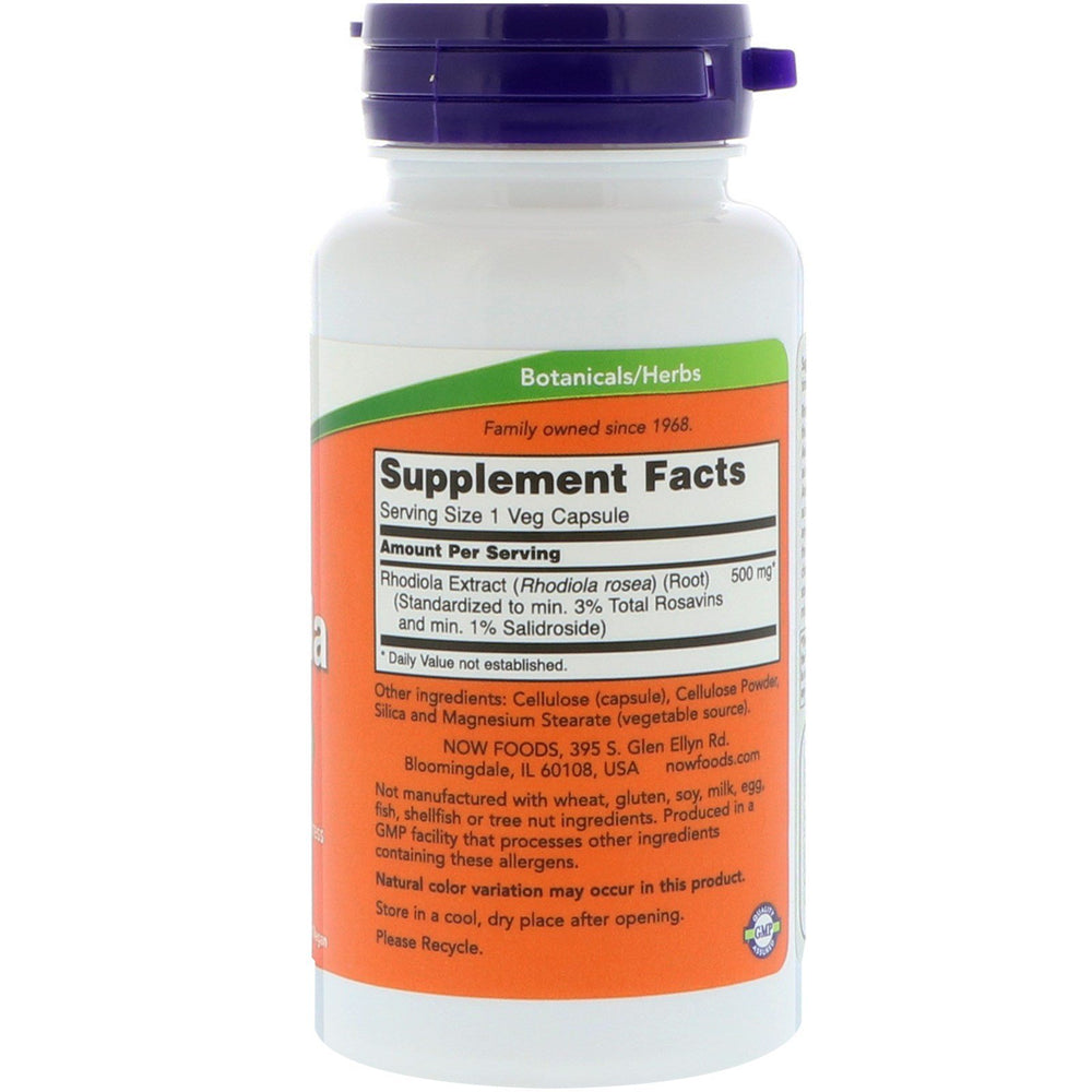 NOW Foods Rhodiola 500 mg capsules shown for convenient, vegan, non-GMO daily use