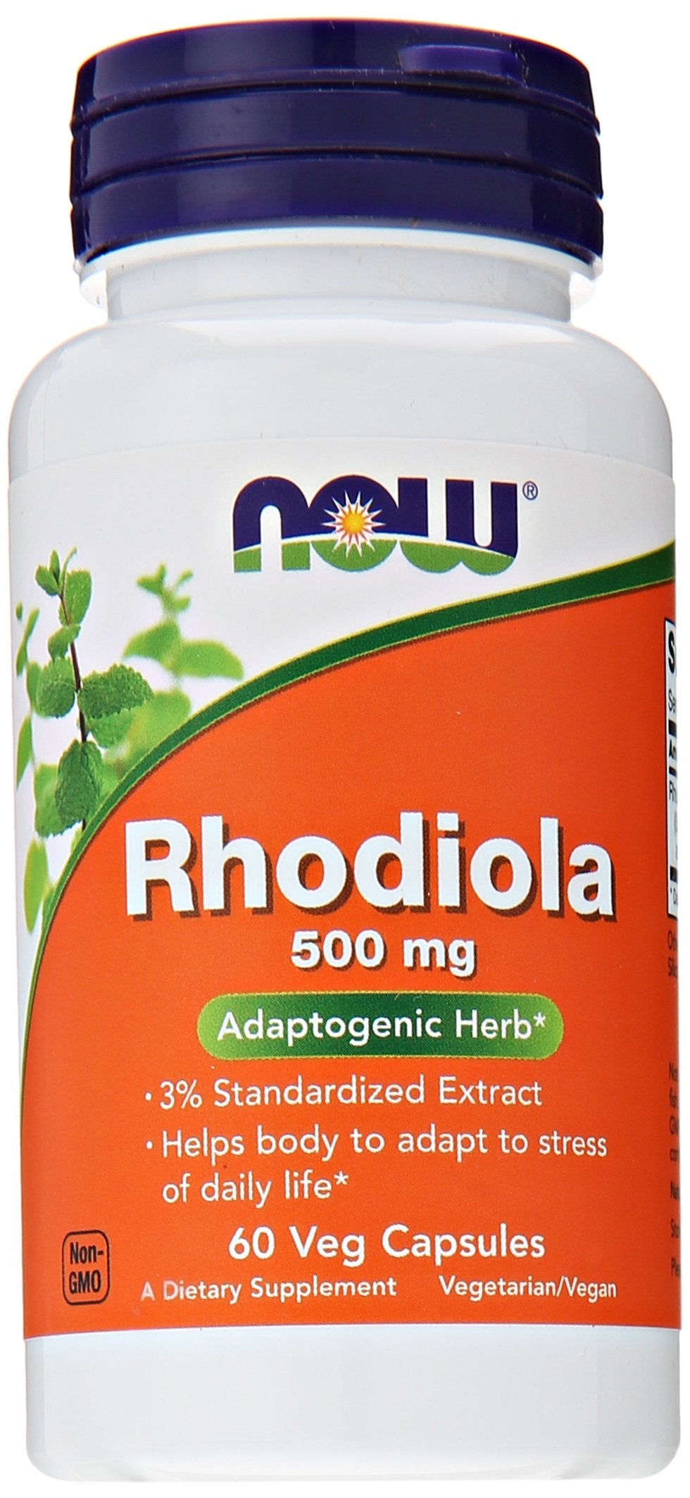 NOW Foods Rhodiola Rosea capsules bottle front showing 500 mg formula for daily balance.