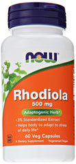 NOW Foods Rhodiola Rosea capsules bottle front showing 500 mg formula for daily balance.