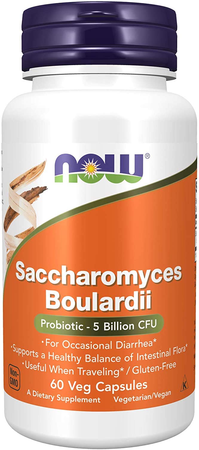 NOW Foods Saccharomyces boulardii bottle with capsules; highlights survival of stomach acid.