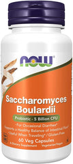 NOW Foods Saccharomyces boulardii bottle with capsules; highlights survival of stomach acid.