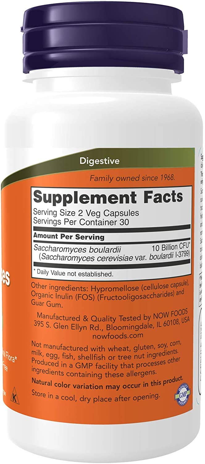 NOW Foods Saccharomyces boulardii capsules close-up; designed to reach the intestinal tract.