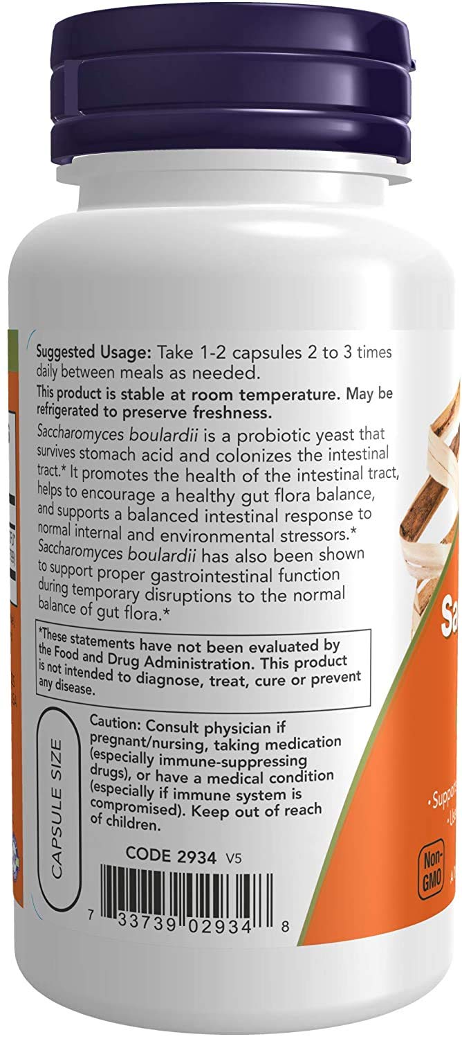 NOW Foods Saccharomyces boulardii label art; emphasizes probiotic yeast benefits.