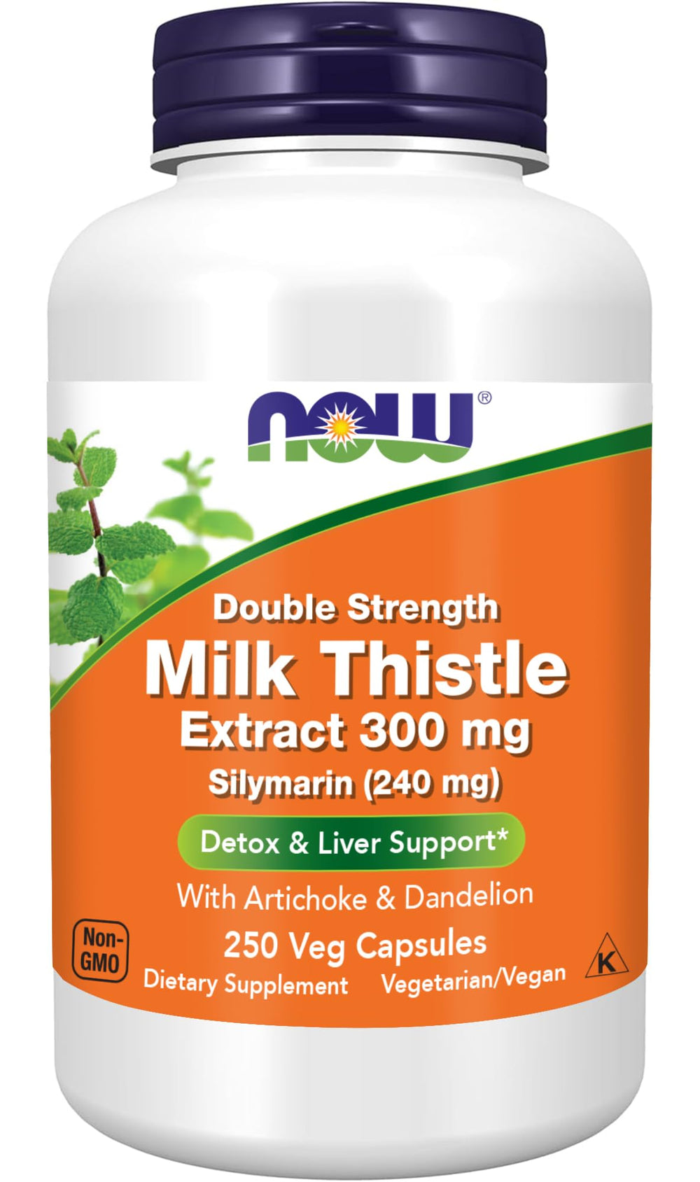 NOW Foods Silymarin milk thistle bottle highlighting double-strength formula for liver support.