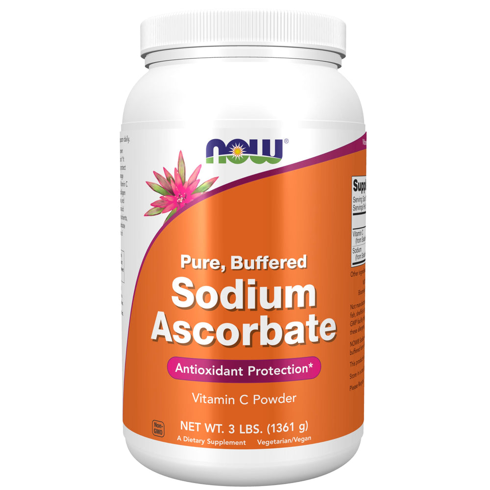 NOW Foods Sodium Ascorbate Powder bottle close-up showing buffered vitamin C benefits