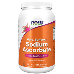NOW Foods Sodium Ascorbate Powder bottle close-up showing buffered vitamin C benefits