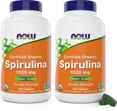 NOW Foods Spirulina 1000 mg tablets bottle front showing organic and non-GMO credentials for daily greens