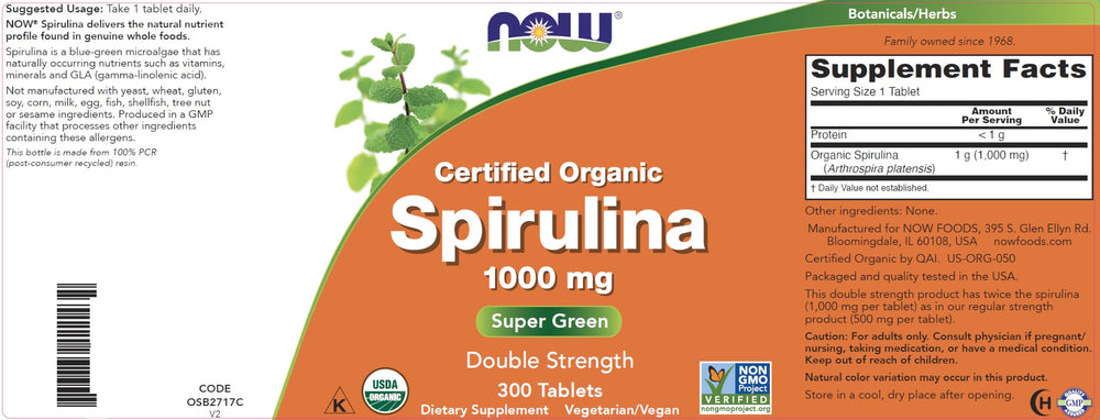 NOW Foods Spirulina 1000 mg tablets closeup of tablets for easy swallowing