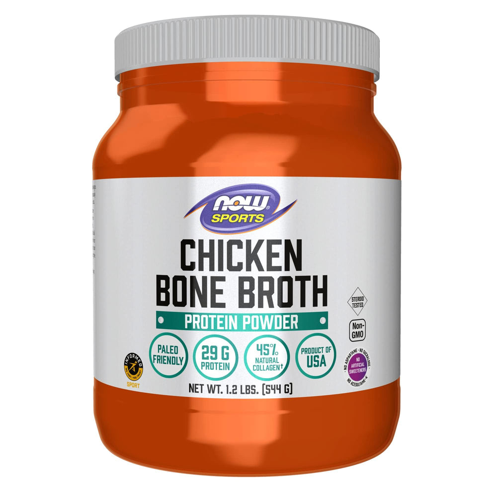 NOW Foods Chicken Bone Broth Powder bottle shows protein-rich formula for active lifestyles