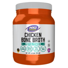 NOW Foods Chicken Bone Broth Powder bottle shows protein-rich formula for active lifestyles