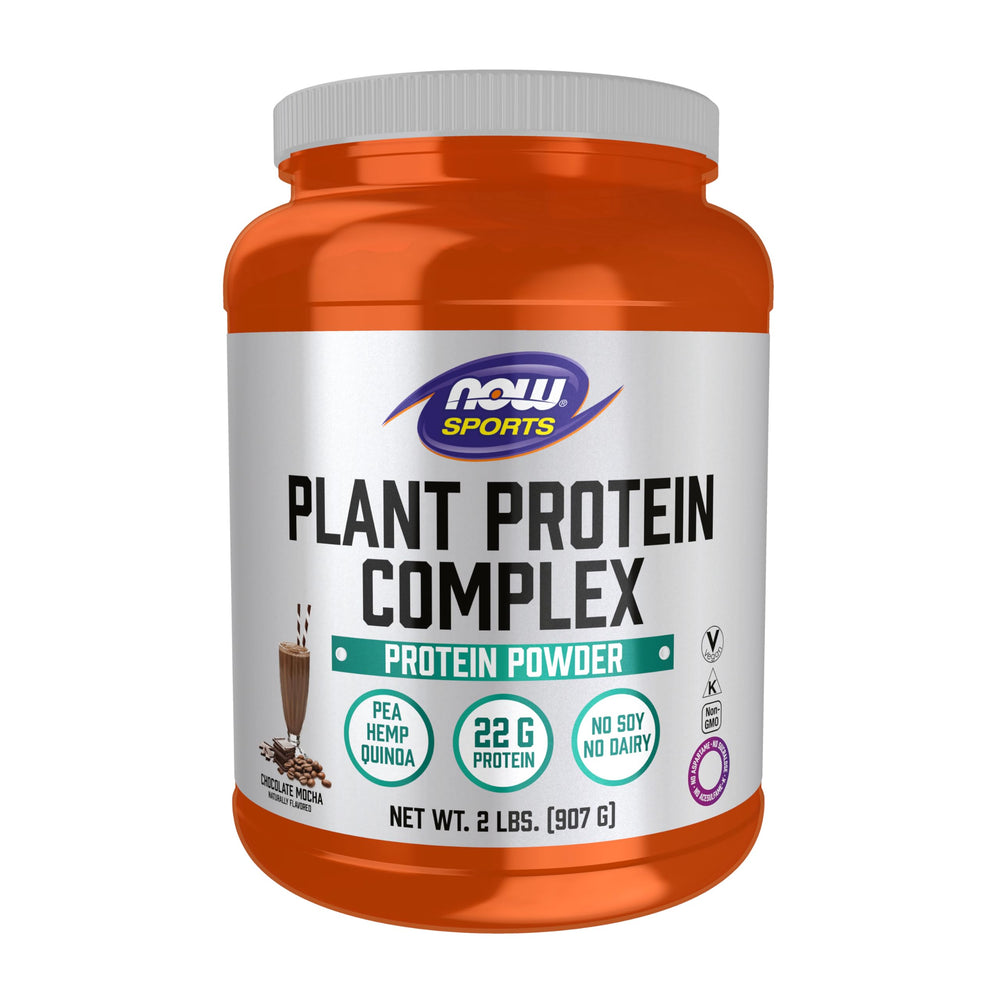 NOW Foods Plant Protein Complex container front highlights chocolate mocha flavor and plant protein.