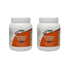 NOW Foods Sunflower Lecithin Powder 2-pack packaging shows soy-free, non-GMO formula for emulsifying foods.
