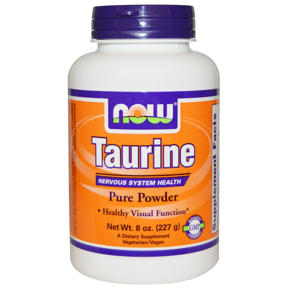 NOW Foods Taurine Powder 8oz bottle front for easy daily metabolic support.