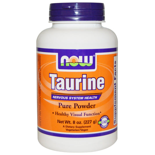 NOW Foods Taurine Powder 8oz bottle front for easy daily metabolic support.