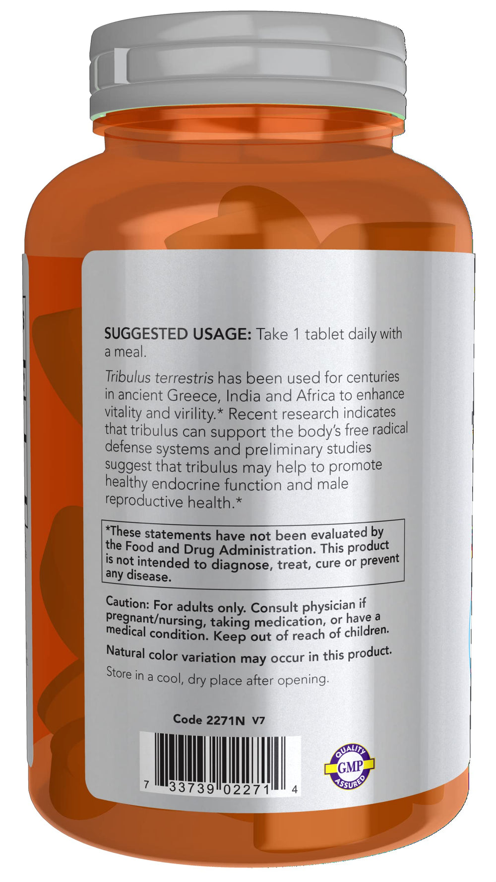 NOW Foods Tribulus 1000mg bottle label highlighting standardized extract and quality assurance.