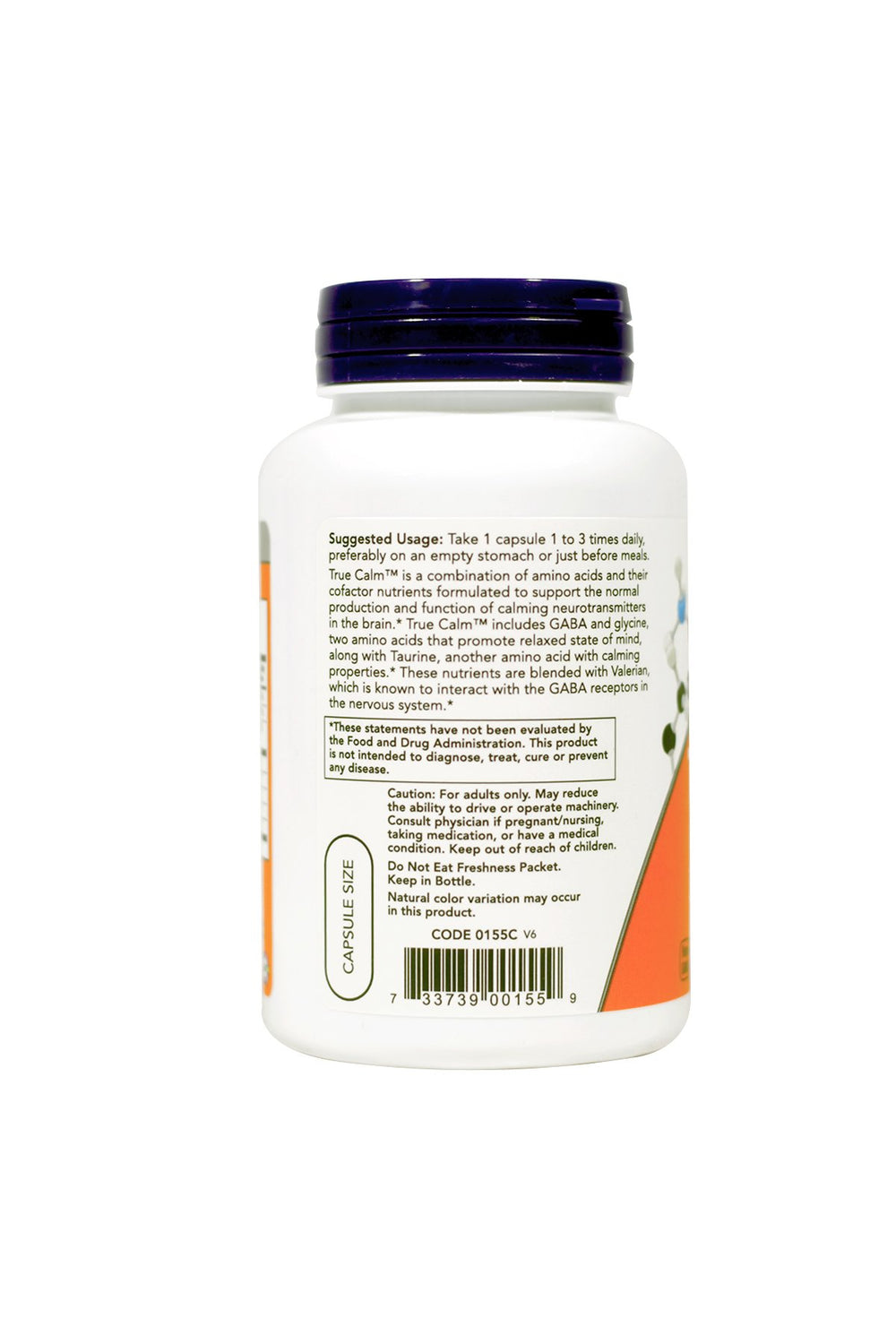 NOW Foods True Calm capsules pour illustrating easy daily dosing.