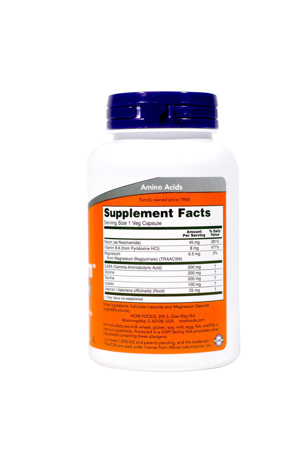 NOW Foods True Calm label close-up showing ingredients and quality.