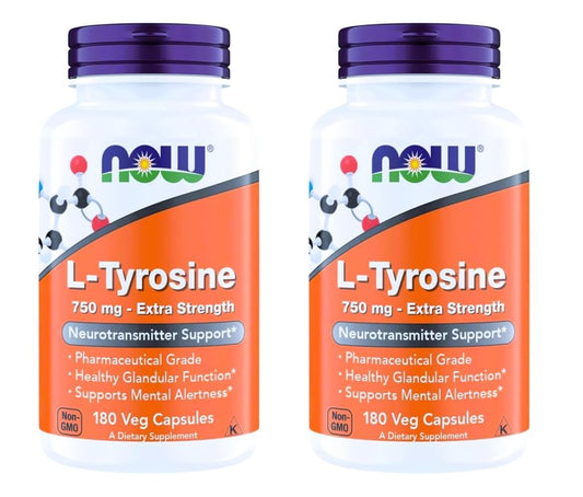 NOW Foods L-Tyrosine 750 mg bottle for daily mental support.