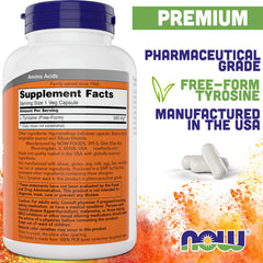 NOW Foods L-Tyrosine capsules close-up showing free-form tyrosine.