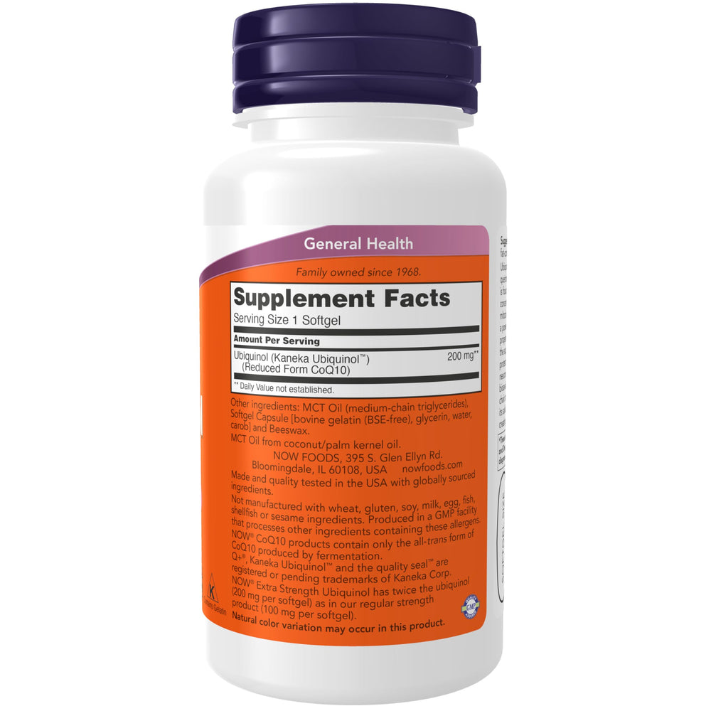 Close-up of NOW Ubiquinol softgels highlighting 200 mg potency.