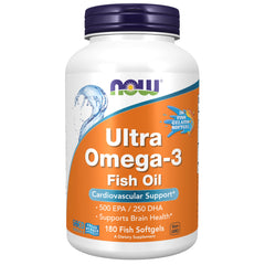 NOW Foods Ultra Omega-3 bottle front showing softgels designed for heart and brain support