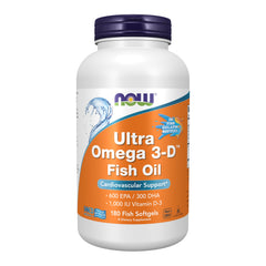 NOW Foods Ultra Omega 3-D bottle front with lemon flavor for daily omega-3 intake.