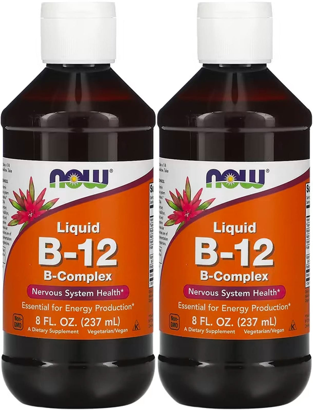NOW Foods Vitamin B-12 Liquid bottle highlights energy support and vegan suitability.