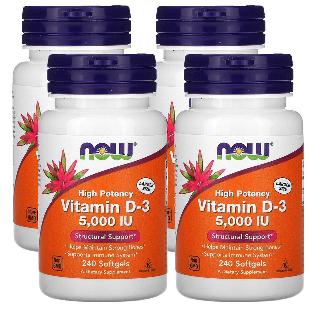 NOW Foods Vitamin D-3 5000 IU softgel bottle front, high potency daily support