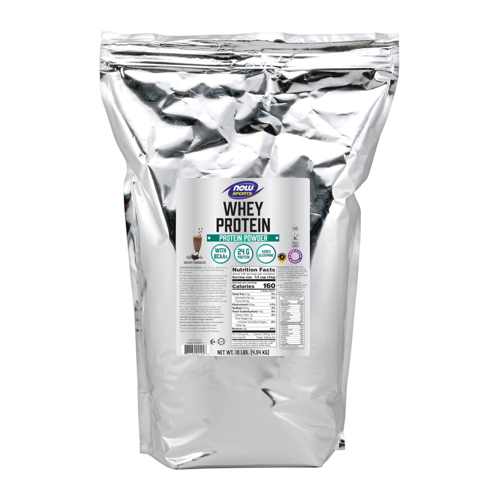 NOW Foods Whey Protein Creamy Chocolate bottle shows premium protein blend for active athletes