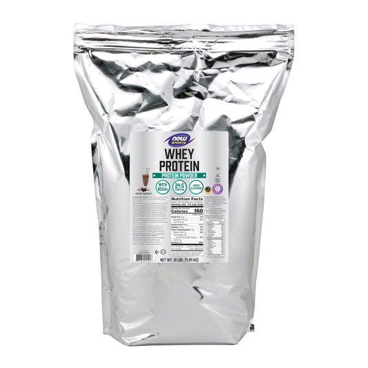 NOW Foods Whey Protein Creamy Chocolate bottle shows premium protein blend for active athletes