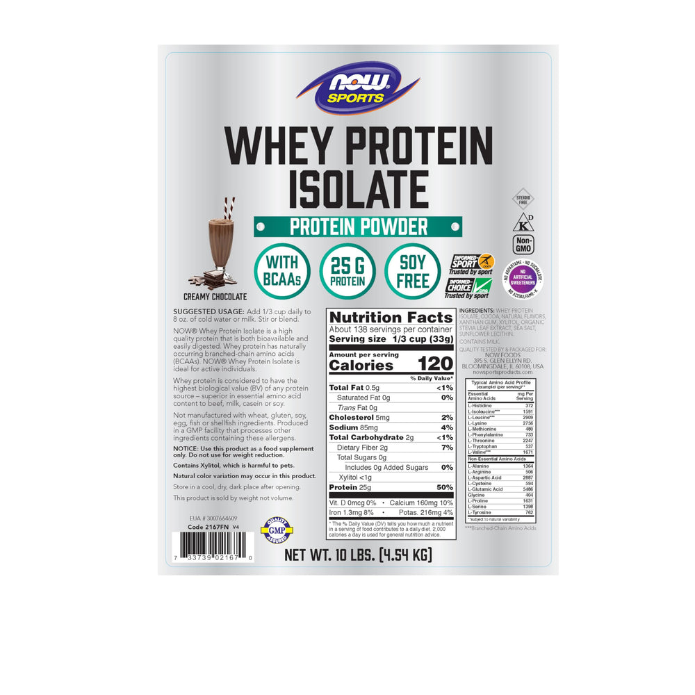 NOW Foods Whey Protein Isolate bottle label highlights 25 g protein per serving.