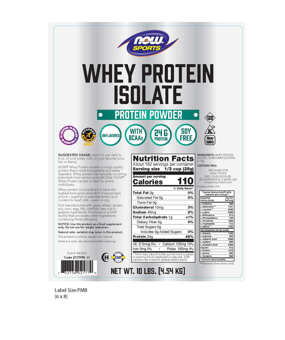 NOW Foods unflavored whey protein isolate in a resealable package for versatile mixing.
