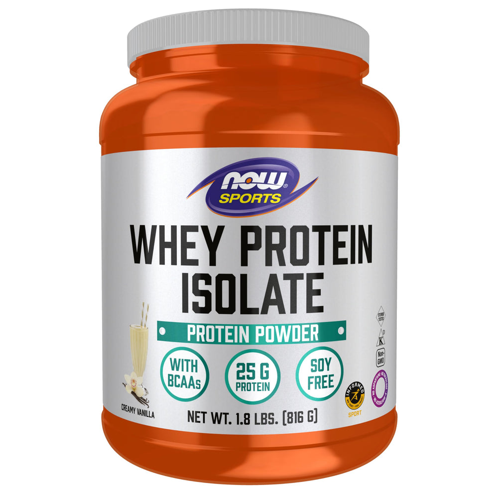 NOW Foods Whey Protein Isolate vanilla powder tub for post-workout fueling.
