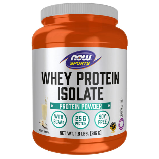 NOW Foods Whey Protein Isolate vanilla powder tub for post-workout fueling.