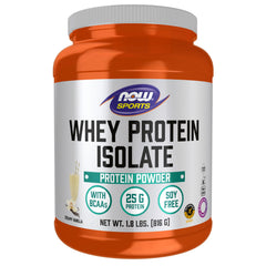 NOW Foods Whey Protein Isolate vanilla powder tub for post-workout fueling.