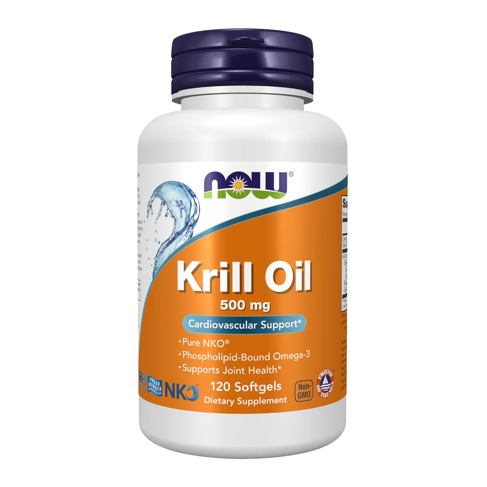NOW Foods Krill Oil 500 mg bottle front highlights omega-3 for heart support.