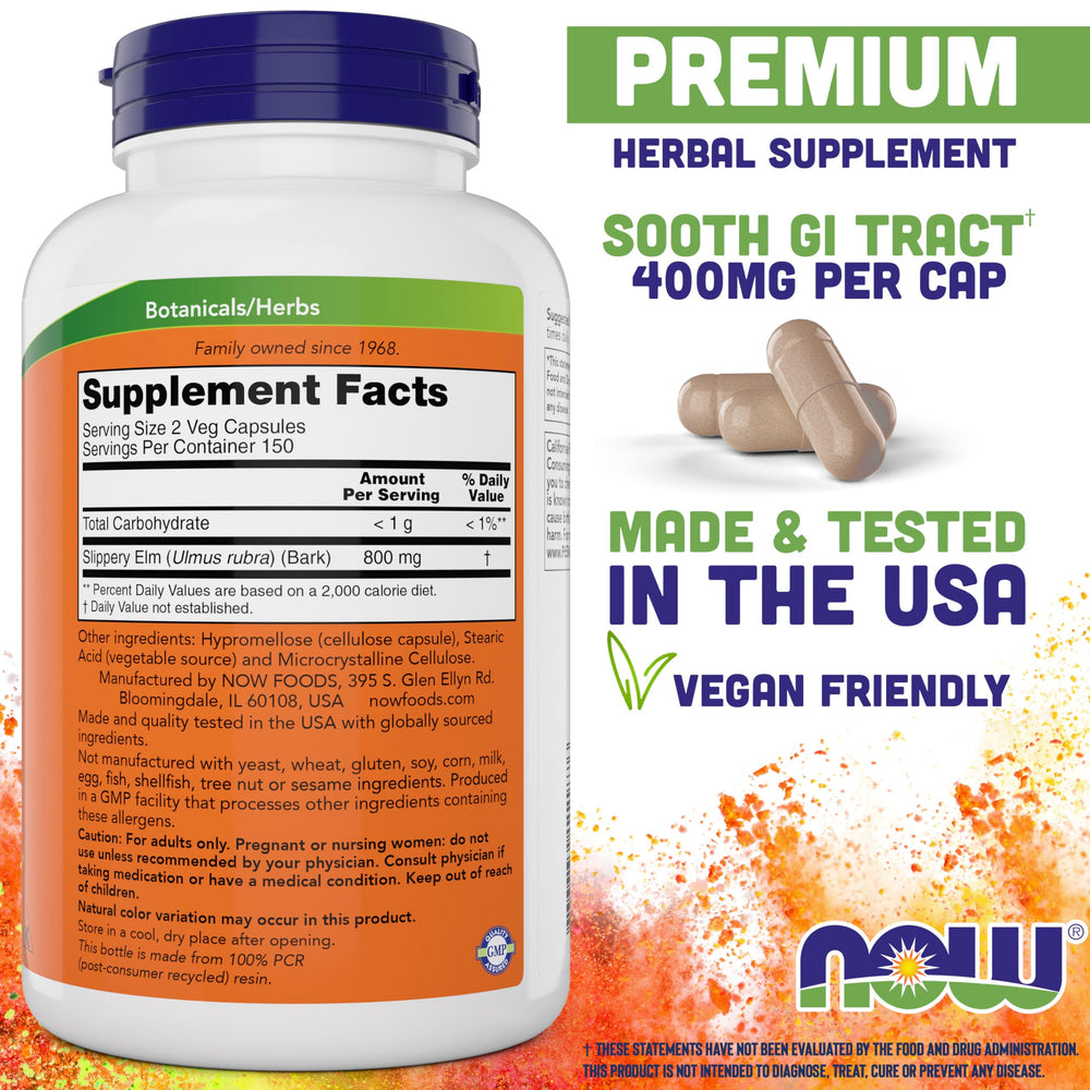NOW Foods Slippery Elm capsules close-up—vegetarian formula for gentle daily use.