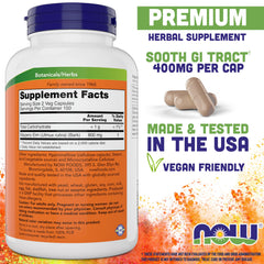 NOW Foods Slippery Elm capsules close-up—vegetarian formula for gentle daily use.