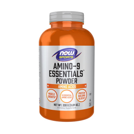 NOW Foods amino-9 essentials powder bottle, convenient source of essential amino acids for athletes