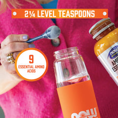 NOW Foods amino-9 essentials powder jar closeup highlighting GMP quality assurance