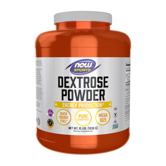 NOW Foods Dextrose powder bottle for quick energy support during workouts.