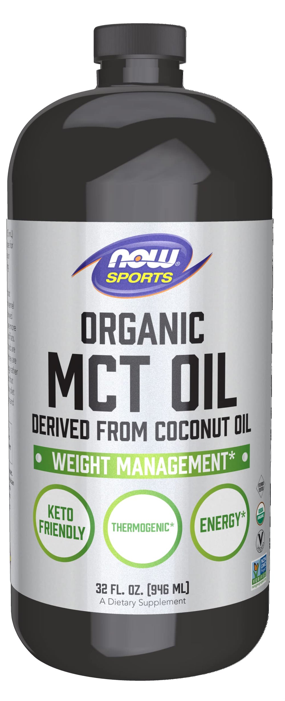 NOW Foods NOW Sports Organic MCT Oil bottle—quickly absorbed fats for energy.