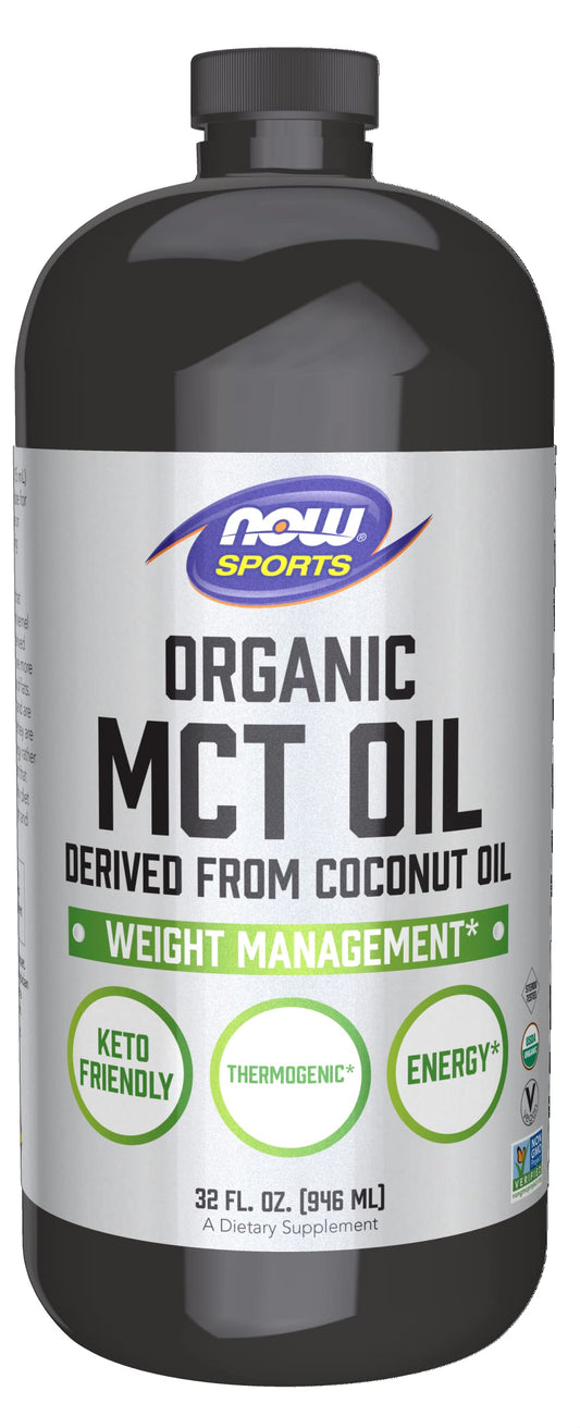 NOW Foods NOW Sports Organic MCT Oil bottle—quickly absorbed fats for energy.