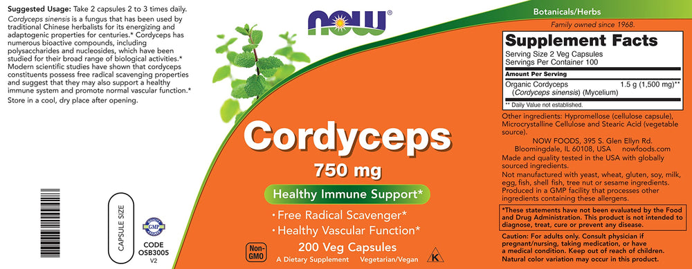 NOW Foods Cordyceps label close-up notes energizing and antioxidants