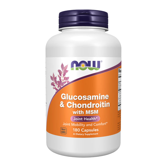 NOW Foods Glucosamine & Chondroitin with MSM bottle front suggests potential joint support