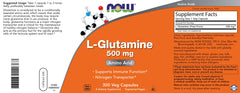 NOW Foods Glutamine ingredients label for vegan non-GMO option